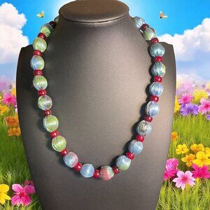 Colorful Fabric Bead Necklace Burgundy Spacers Boho Statement Jewelry‎ Gift